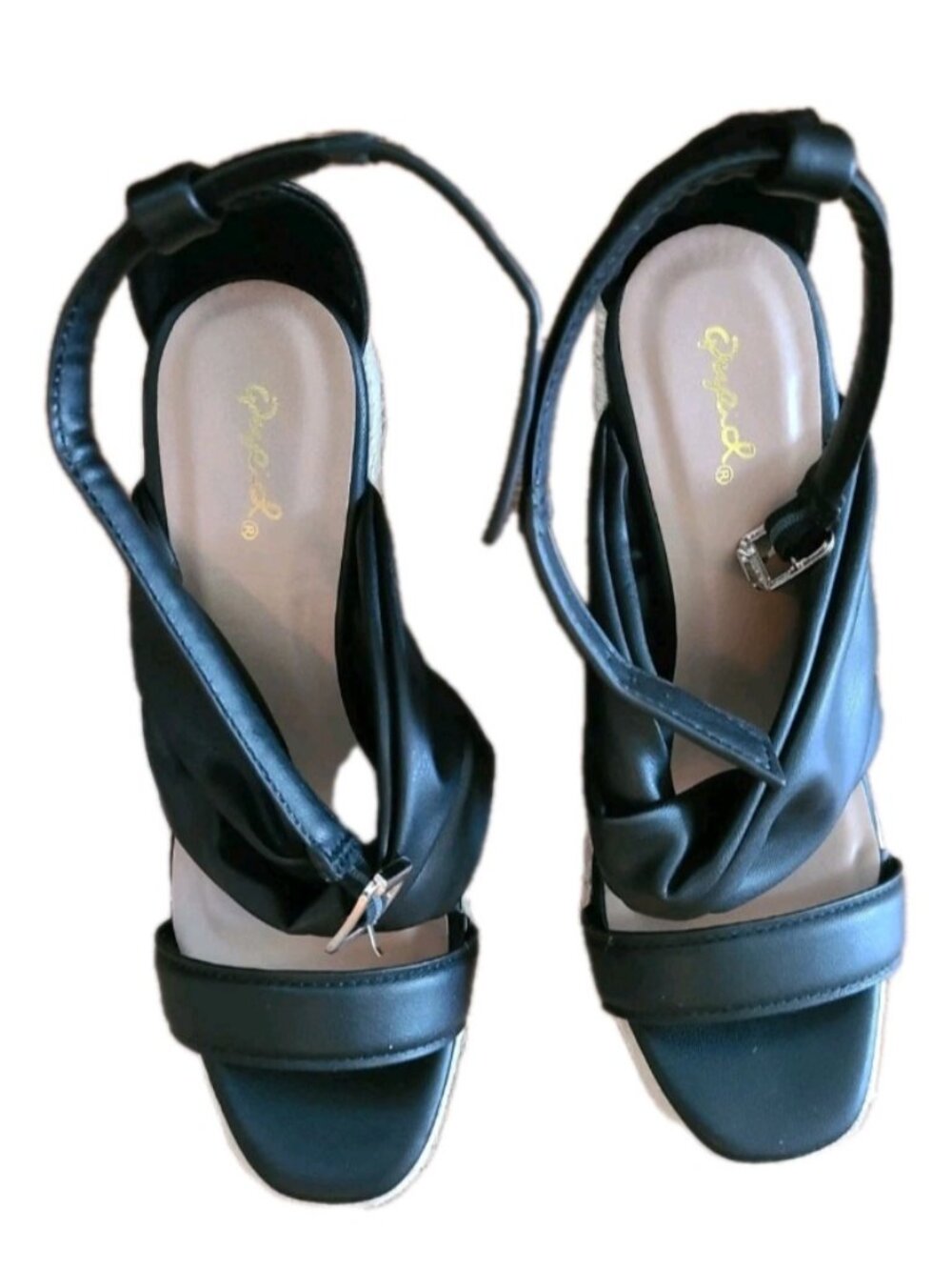 Black Platform Wedge Heel Sandals, Size 8